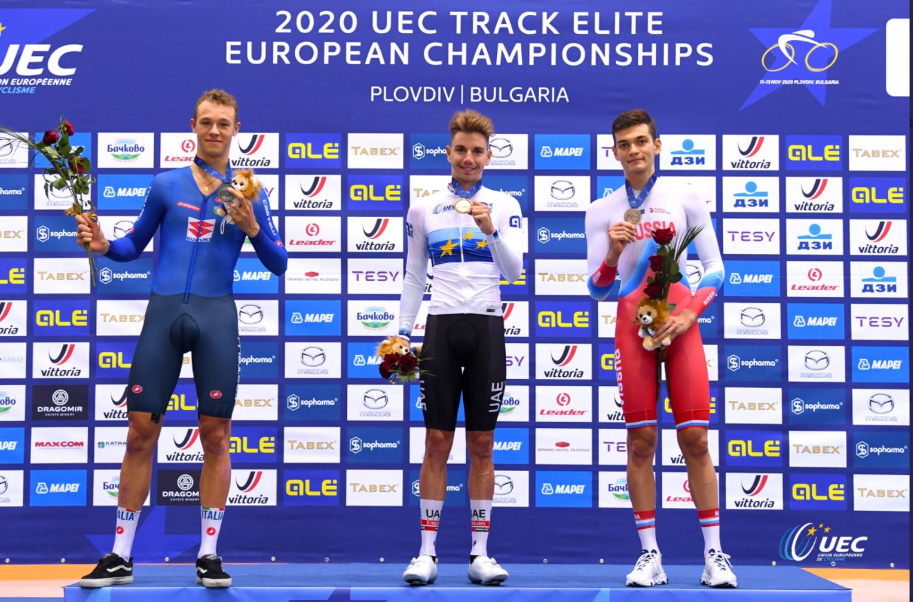 Il podio del Campionato Europeo Corsa a punti Elite 2020 (foto UEC/BettiniPhoto)