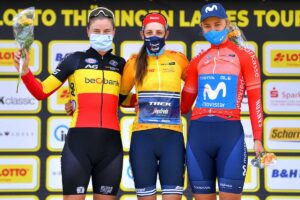 Il podio finale del Lotto Thüringen Ladies Tour 2021 vinto da Lucinda Brand (foto Getty Images)