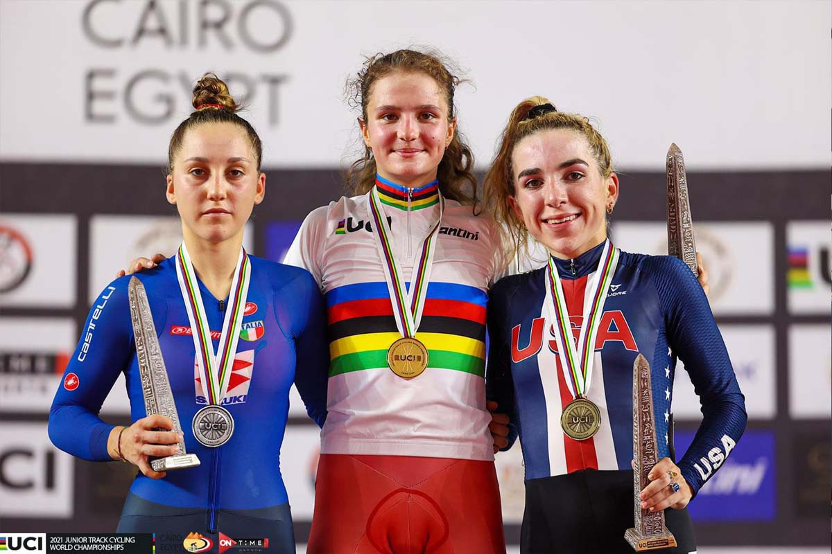 Il podio del Mondiale pista Corsa a punti Donne Junior a Il Cairo, argento di Valentina Basilico