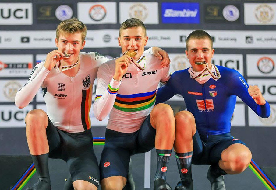 Il podio del Mondiale Juniores Inseguimento vinta da Samuele Bonetto