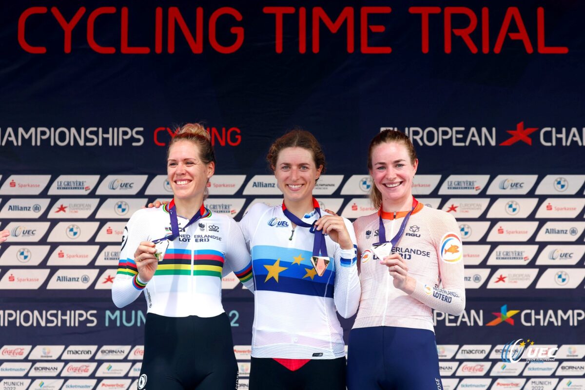 Il podio del Campionato Europeo cronometro Donne Elite vinto da Marlen Reusser (foto UEC/Sprint Cycling Agency)