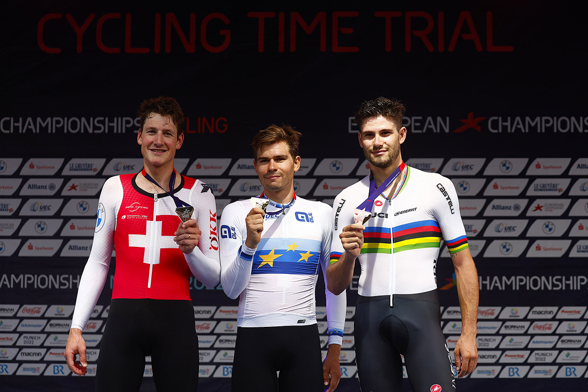 Il podio del Campionato Europeo a cronometro Elite Monaco 2022 (foto UEC/Sprint Cycling Agency)