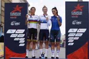 Il podio del Campionato Europeo strada Donne Elite Monaco 2022 (foto UEC/Sprint Cycling Agency)