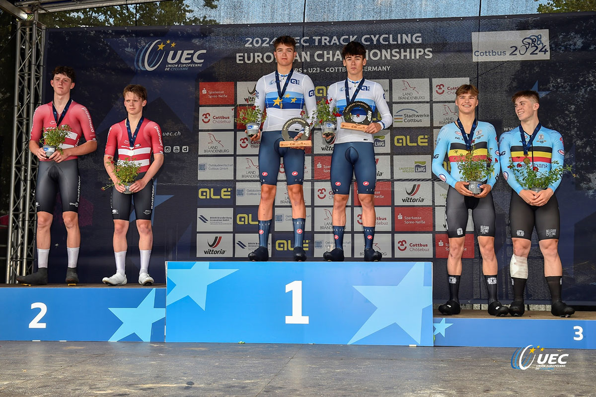 Eros Sporzon e Davide Stella medaglia d'oro nella Madison U19 agli Europei su pista di Cottbus - credit UEC