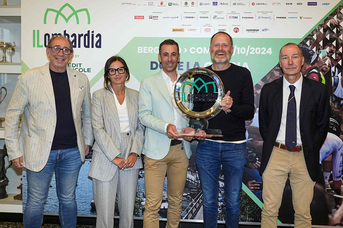 Presentazione de Il Lombardia 2024 - Da sinistra Stefano Allocchio, Giorgia Gandossi, Vincenzo Nibali, Alessandro Rapinese e Lino Ferrari - credit La Presse